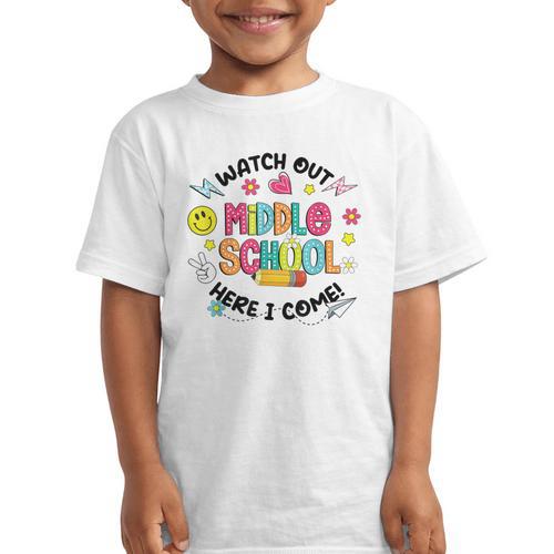 Groovy Watch Out Middle School Here I Come Back To School Graphic Kid T-Shirt - Savourry