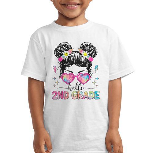 Hello 2nd Grade Messy Bun Back To School First Day Girl Kids Graphic Kid T-Shirt - Savourry