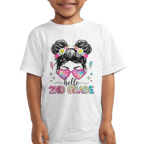 Hello 2nd Grade Messy Bun Girl Back To School First Day Graphic Kid T-Shirt - Savourry