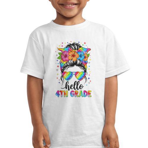 Hello 4th Grade Messy Bun Girls Back To School First Day Graphic Kid T-Shirt - Savourry