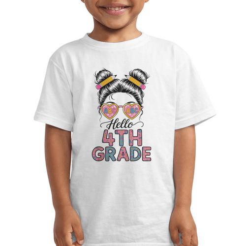 Hello 4th Grade Messy Bun Hair Back To School Girls Graphic Kid T-Shirt - Savourry