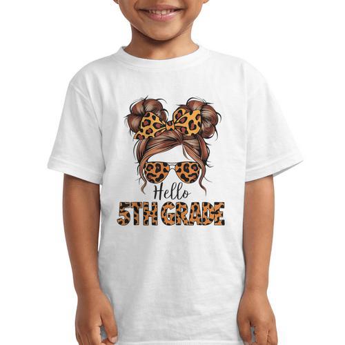 Hello 5th Grade Messy Hair Bun Girl Back To School First Day Graphic Kid T-Shirt - Savourry
