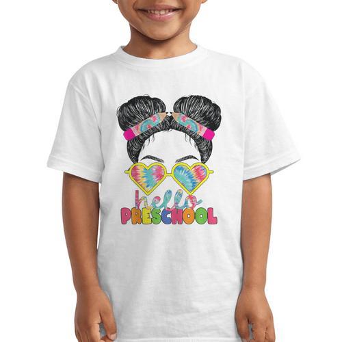 Hello Preschool Messy Bun Tie Dye Back To School Girls Kids Graphic Kid T-Shirt - Savourry