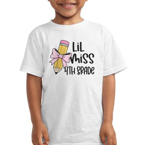 Lil Miss 4th Grade Coquette Bow Pencil Back To School Girls Graphic Kid T-Shirt - Savourry
