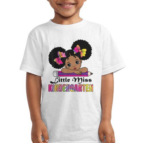 Little Miss Kindergarten Afro Puff Girl Back To School Graphic Kid T-Shirt - Savourry