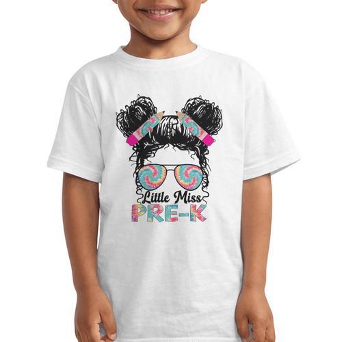 Little Miss Pre-K Girls Back To School Messy Bun Performance Graphic Kid T-Shirt - Savourry
