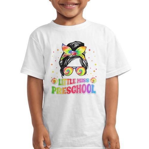 Little Miss Preschool Messy Bun Tie Dye Back To School Girls Graphic Kid T-Shirt - Savourry