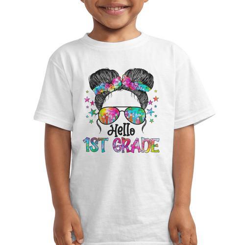Messy Hair Bun Girl Back To School First Day Hello 1st Grade Graphic Kid T-Shirt - Savourry