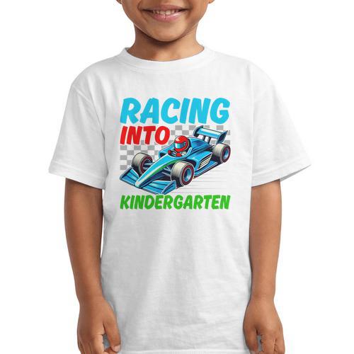 Racing Into Kindergarten Race Car Driver Back To School Performance Graphic Kid T-Shirt - Savourry