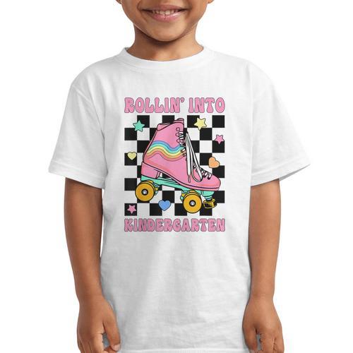 Rolling Into Kindergarten Roller Skating Girl Back To School Graphic Kid T-Shirt - Savourry