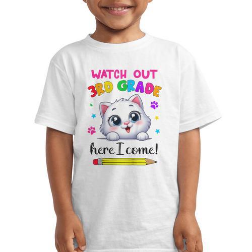 Watch Out 3rd Grade Here I Come Girls Cat Back To School Graphic Kid T-Shirt - Savourry
