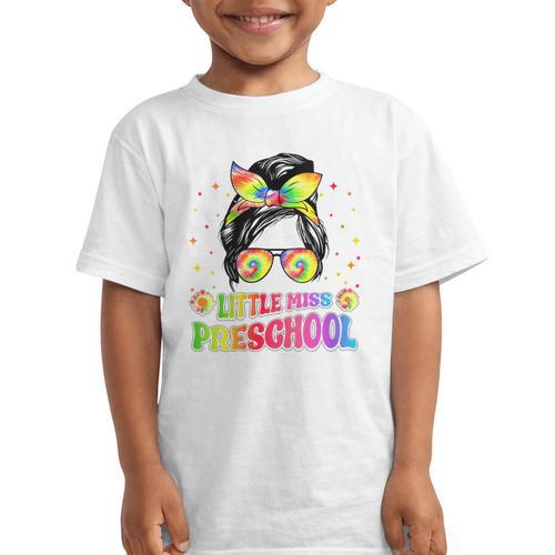 Women's Little Miss Preschool Messy Bun Tie Dye Back To School Girls Graphic Kid T-Shirt - Savourry