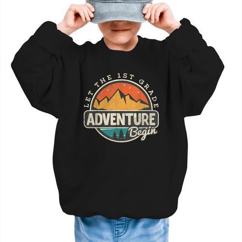 1st First Grade Shirt Adventure Begin Back To School Graphic Kid Sweatshirt - Savourry