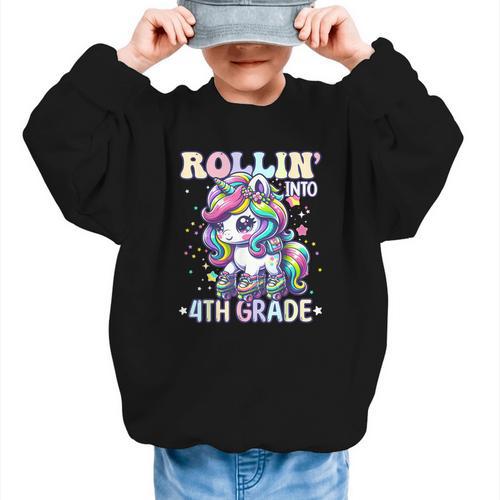4th Grade Back To School First Day Girls Rollin Unicorn Graphic Kid Sweatshirt - Savourry
