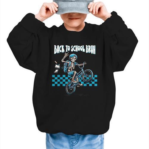 Back To School Bruh Boy Skeleton Riding On a BMX Bike Graphic Kid Sweatshirt - Savourry
