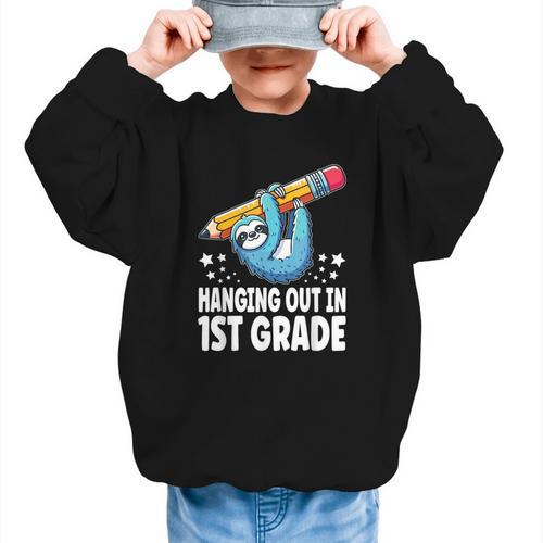 Back To School First Grade Sloth Hanging Out In 1st Grade Graphic Kid Sweatshirt - Savourry