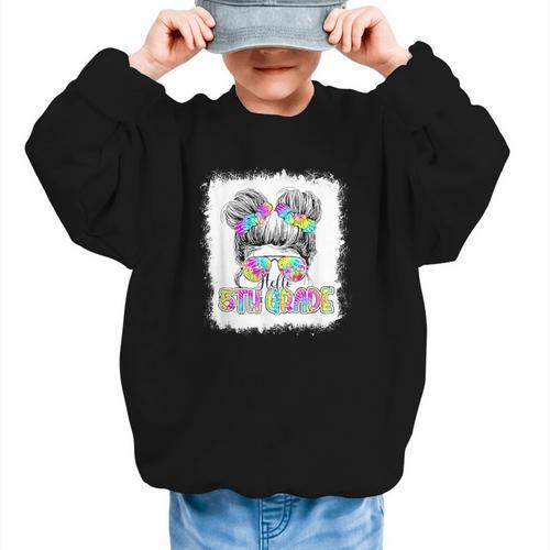 Back To School Hello 5th Grade Cute Messy Bun Tie Dye Girls Graphic Kid Sweatshirt - Savourry