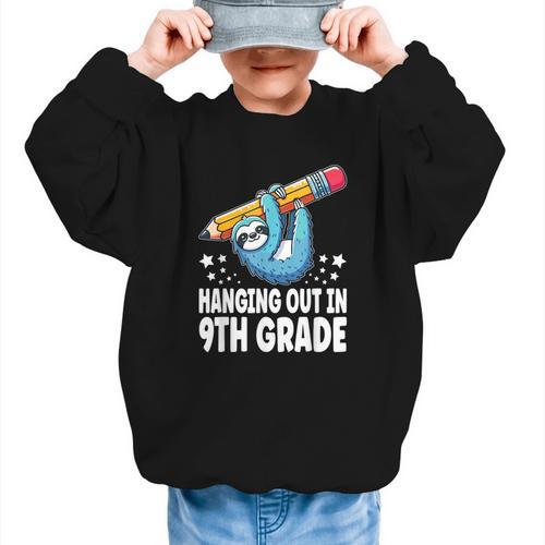 Back To School Ninth Grade Sloth Hanging Out In 9th Grade Graphic Kid Sweatshirt - Savourry