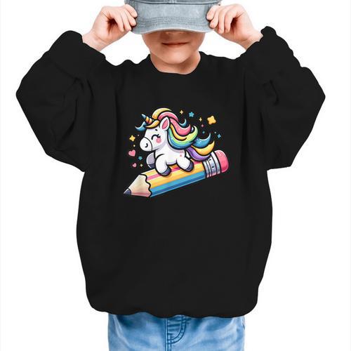 Back To School Unicorn Riding A Pencil Graphic Kid Sweatshirt - Savourry