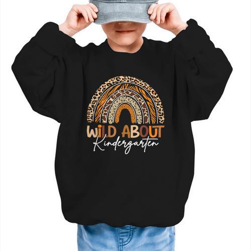 Back To School Wild About Kindergarten Leopard Rainbow Graphic Kid Sweatshirt - Savourry