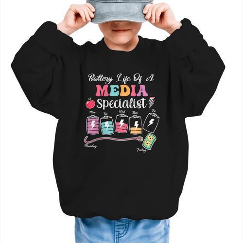 Battery Life Of A Media Specialist Back To School Graphic Kid Sweatshirt - Savourry