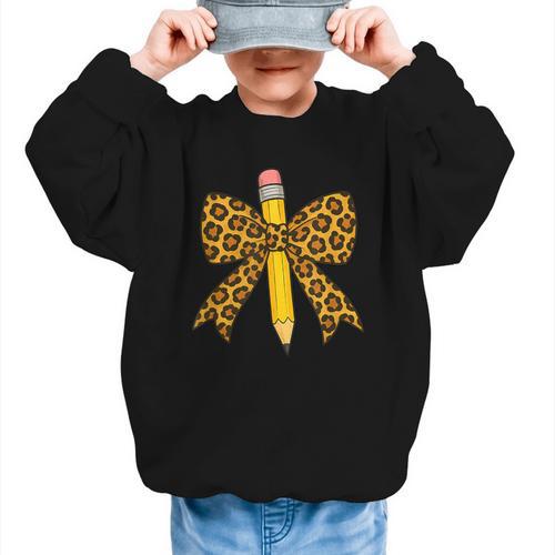 Bow Pencil Leopard First Day Of School Back To School Graphic Kid Sweatshirt - Savourry