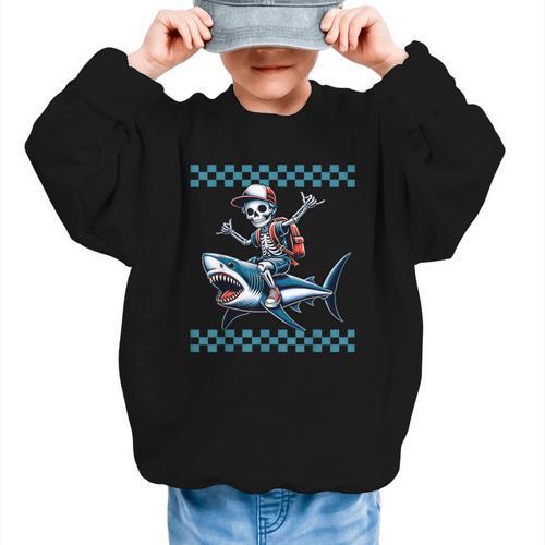 Boys Skeleton Riding a Shark Back To School Graphic Kid Sweatshirt - Savourry