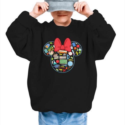 Disney Minnie Mouse Back To School Supplies Face Outline Graphic Kid Sweatshirt - Savourry