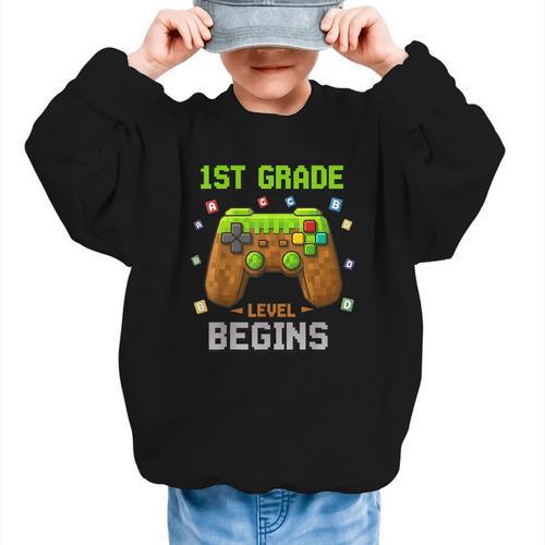 First Day Of 1st Grade Level Begins Back To School Boy Graphic Kid Sweatshirt - Savourry