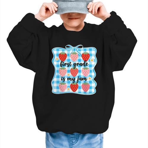 First Grade Is My Jam Strawberry 1st Grade Back To School Graphic Kid Sweatshirt - Savourry
