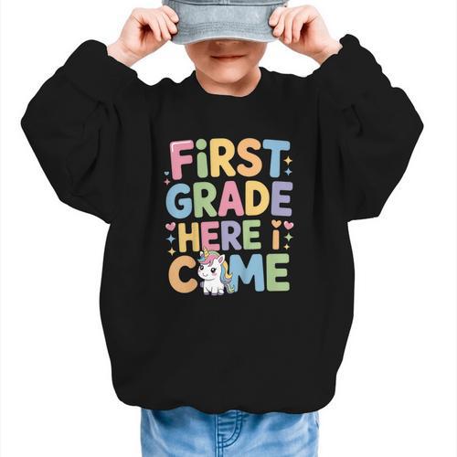 First Grade Here I Come Unicorn Back To School Graphic Kid Sweatshirt - Savourry