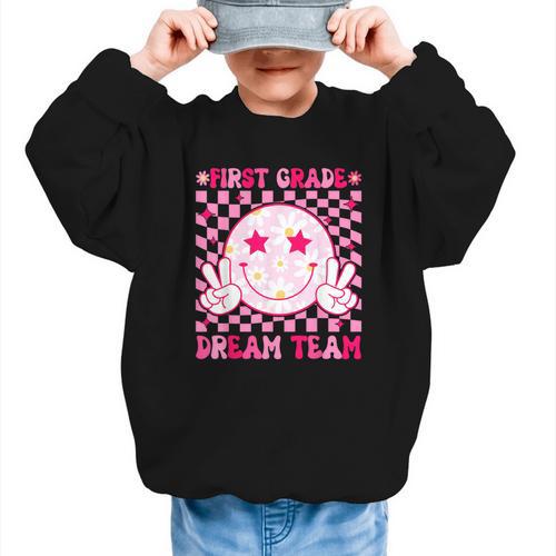 Groovy First Grade Dream Team Back To School 1st Grade Squad Graphic Kid Sweatshirt - Savourry