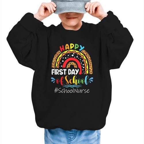 Happy First Day Of School Nurse Rainbow Back To School Graphic Kid Sweatshirt - Savourry