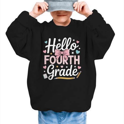 Hello Fourth Grade Back To School Girl Hearts Pink Bow Kids Graphic Kid Sweatshirt - Savourry