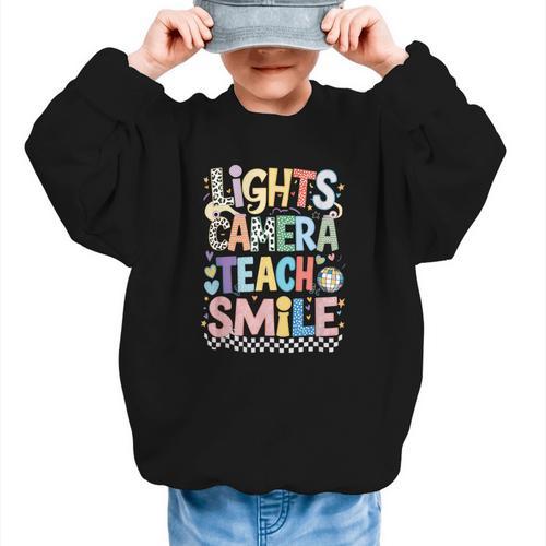 Lights Camera Teach Smile Back To School Awesome Learners Graphic Kid Sweatshirt - Savourry