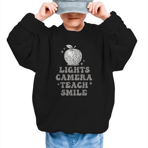 Lights Camera Teach Smile Disco-Ball Back To School Outfit Graphic Kid Sweatshirt - Savourry