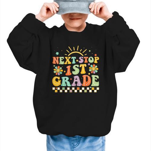 Next Stop 1st Grade Groovy Retro First Grade Back To School Graphic Kid Sweatshirt - Savourry