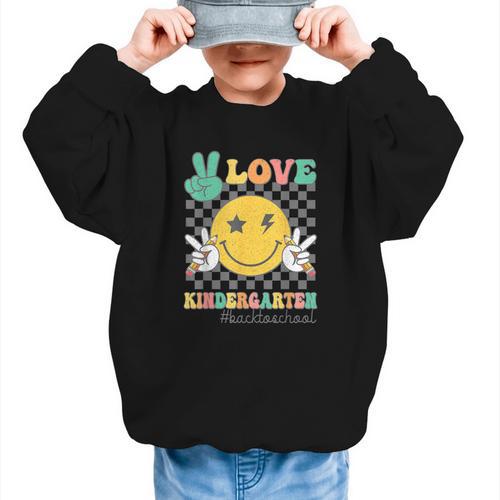 Peace Love Kindergarten Smile Face Hippie Back To School Graphic Kid Sweatshirt - Savourry
