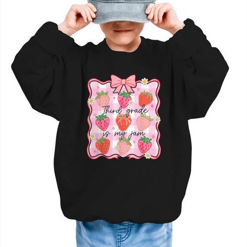 Preppy Back To School 3rd Grade Is My Jam Strawberry Bow Graphic Kid Sweatshirt - Savourry