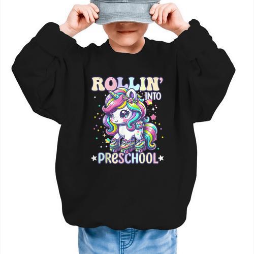 Preschool Back To School First Day Girls PreK Rollin Unicorn Graphic Kid Sweatshirt - Savourry