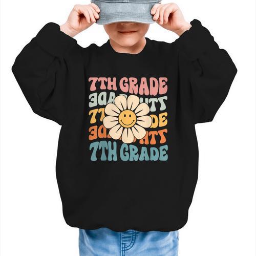 Retro 7th Grade Daisy Colorful Back To School Seventh Grade Graphic Kid Sweatshirt - Savourry