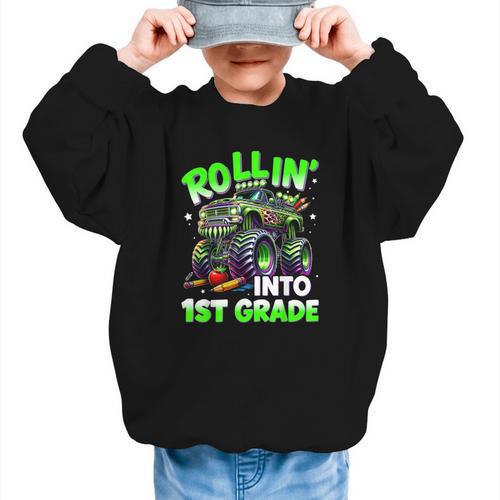 Rollin' Into 1st Grade Monster Truck Back To School Boys Graphic Kid Sweatshirt - Savourry