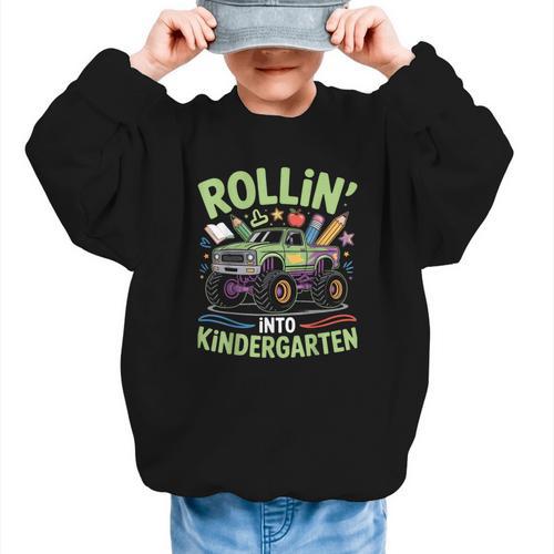 Rollin Into Kindergarten Monster Truck Back To School Graphic Kid Sweatshirt - Savourry