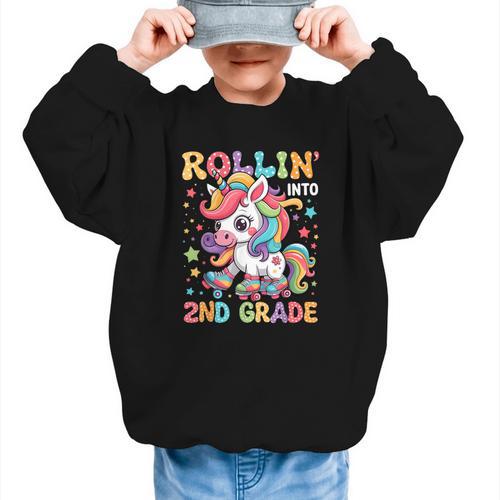 Second Grade Back To School First Day Girls Rollin Unicorn Graphic Kid Sweatshirt - Savourry