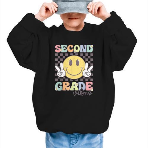 Second Grade Vibes Smile Face 2nd Grade Team Back To School Graphic Kid Sweatshirt - Savourry