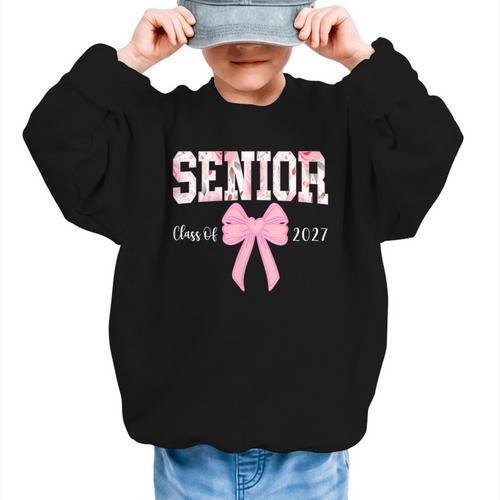 Senior 2027 Floral Pink Bow Back To School Class Of 2027 Graphic Kid Sweatshirt - Savourry