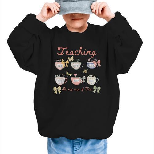 Teaching Is My Cup Of Tea Coquette Bow Floral Back To School Graphic Kid Sweatshirt - Savourry