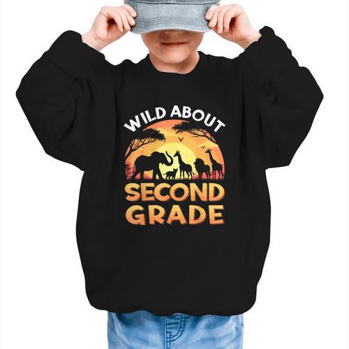 Wild About Second Grade Zoo Animals Back To School Safari Graphic Kid Sweatshirt - Savourry