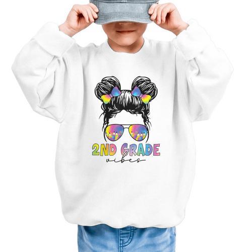 2nd Grade Vibes Messy Hair Bun Girl Back To School First Day Graphic Kid Sweatshirt - Savourry