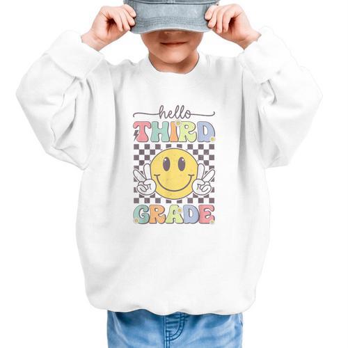 3rd Grade Team Back To School Hello Third Grade Smile Face Graphic Kid Sweatshirt - Savourry